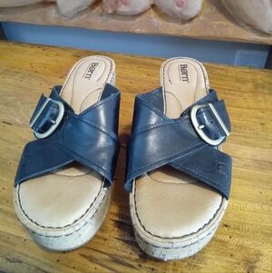 Born Black Leather Women's Size 8 Cork 2.75" Wedge Sandals